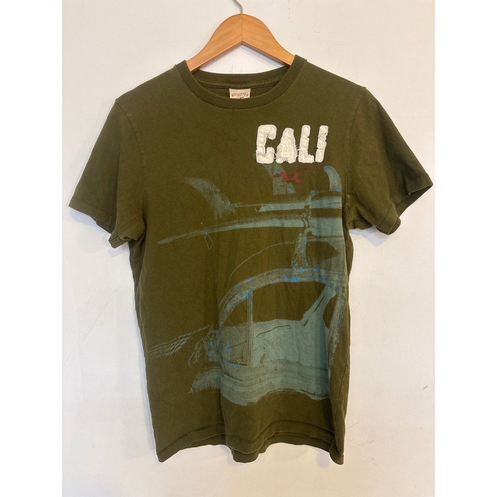 Hollister California Mens M Olive Green Cali Graphic T-Shirt Distressed Applique
